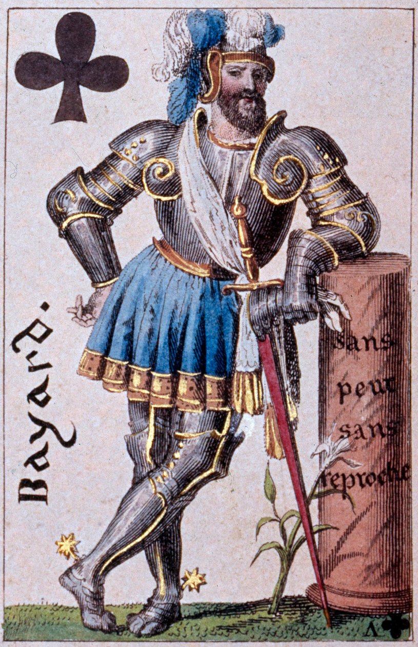 Representasjon av ridderen Pierre Terrail, Lord of Bayard (1476-1524). Detalj av et spillekort laget av Gustave Houbigant (1789-1862) 1800-tallets Paris B.N. av Armand Gustave Houbigant