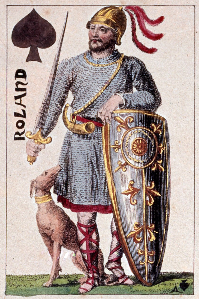 Representasjon av ridderen Roland (eller Hroudland), Marquis of the Marches of Brittany. Detalj av et spillekort laget av Gustave Houbigant (1789-1862) 1800-tallets Paris B.N. av Armand Gustave Houbigant