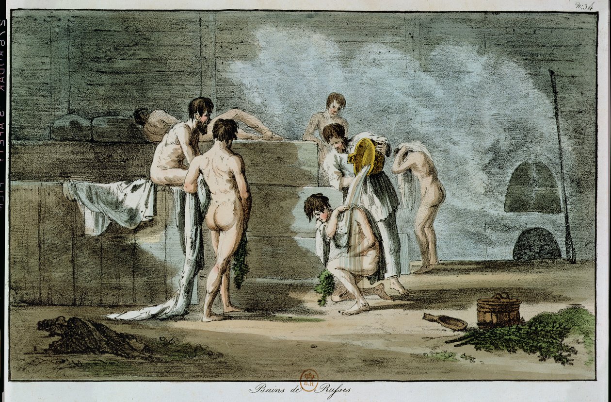Russiske menn i en badstue, fra Mores et Coutumes Russes, 1821 (farget litho) av Armand Gustave Houbigant