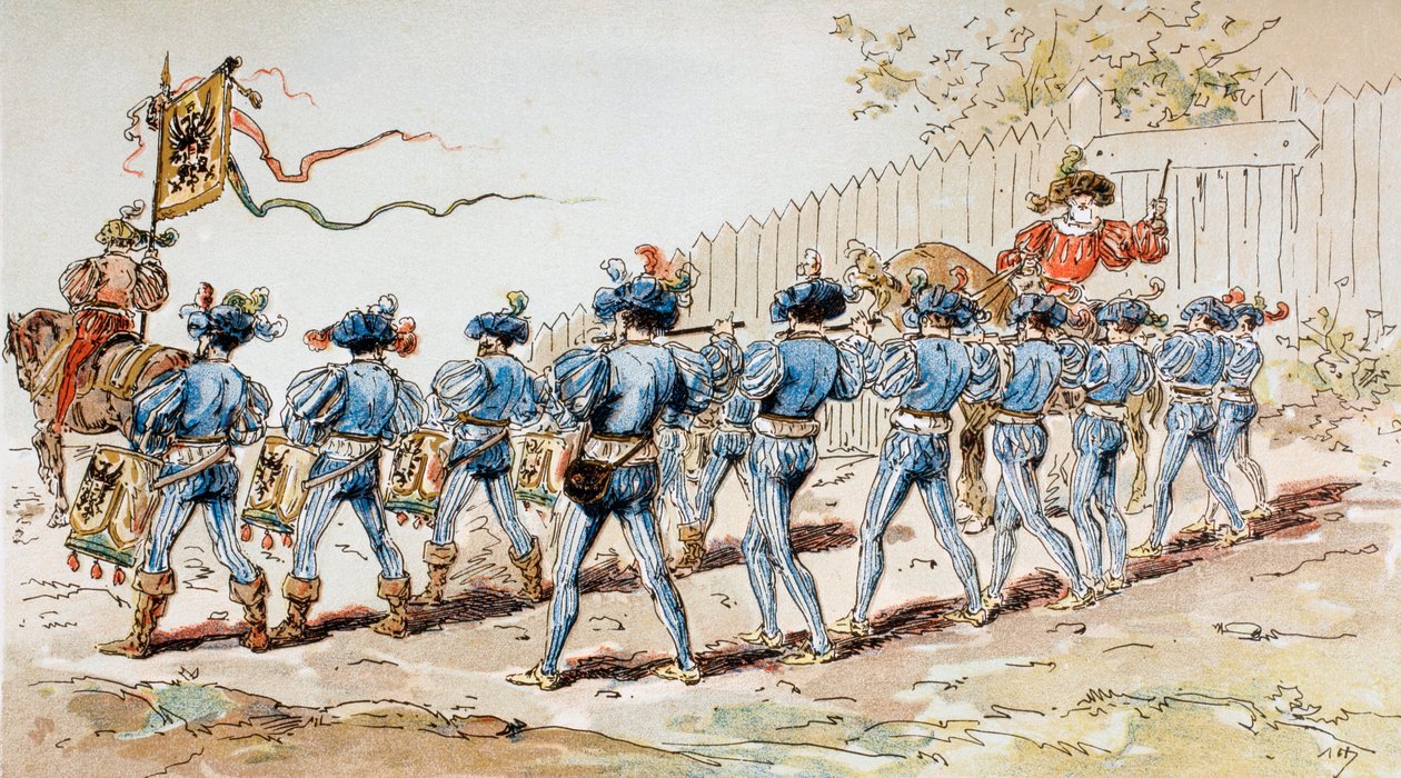Et marsjerende band fra 1500-tallet med trommer og fifes av Armand Jean Heins