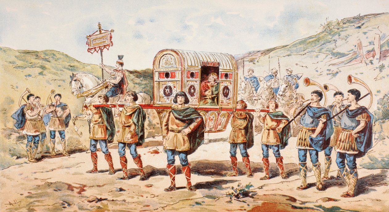 En adelskvinne fra det 9. århundre båret i et kull av fire menn av Armand Jean Heins