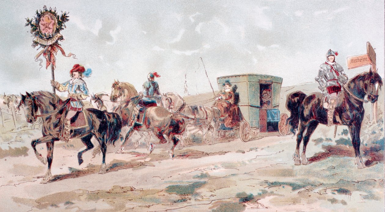 En hestetrukket trener fra det 17. århundre, 1886 av Armand Jean Heins