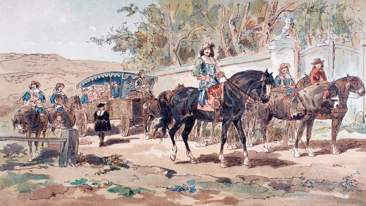 En hestetrukket offentlig diligence, eller trener, fra det 17. århundre med montert eskorte, 1886 av Armand Jean Heins