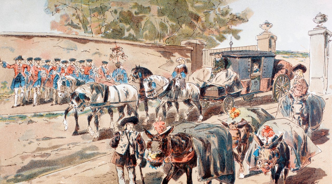 En post-chaise som går inn i en vegg med vegger og passerer mellom et band og et eseltog av Armand Jean Heins