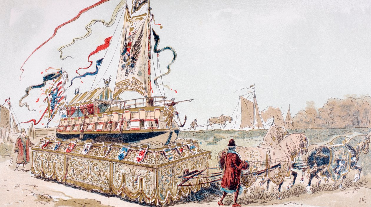 En kongelig lekter som ble trukket på en vogn av hester til en kanal på 1500-tallet av Armand Jean Heins