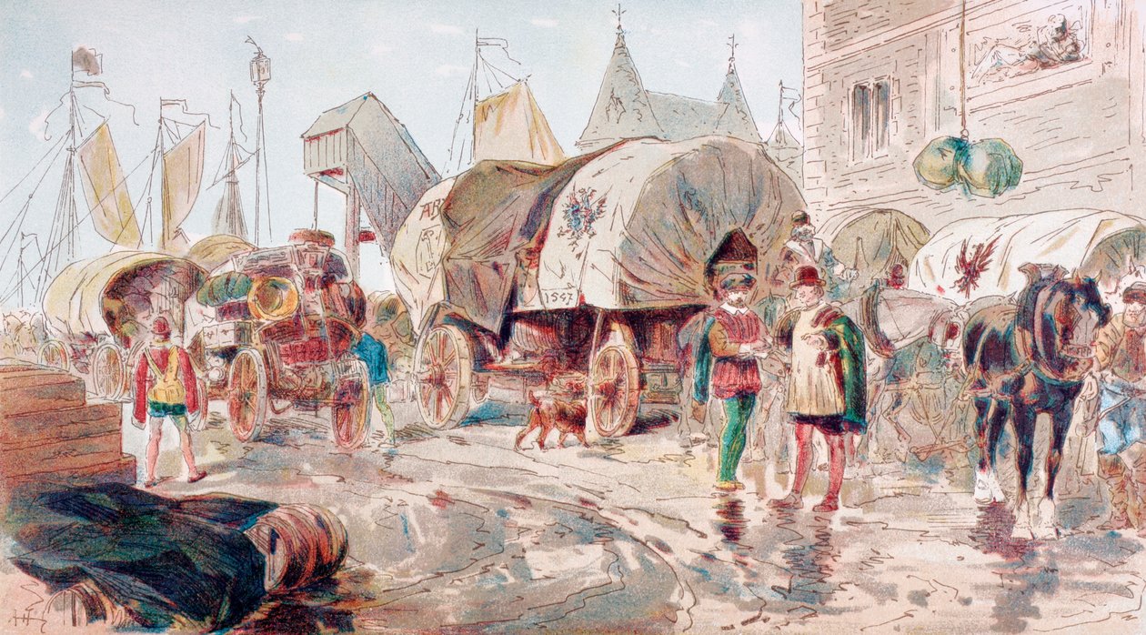 Hestetrukne vogner fulle av varer og som tilhører Hanseatic League ankommer en havn, 1500-tallet, 1886 av Armand Jean Heins