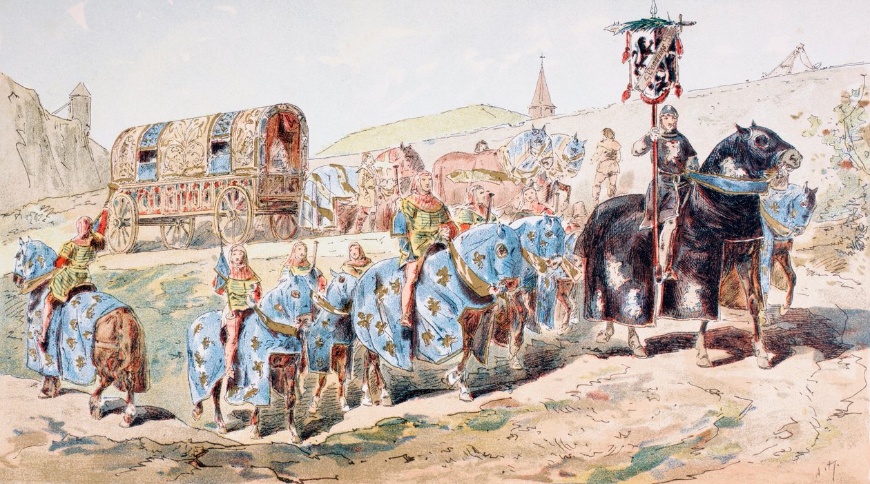 Adelskvinne i hestetrukket trener eskortert av trompetspillere på 1200-tallet av Armand Jean Heins