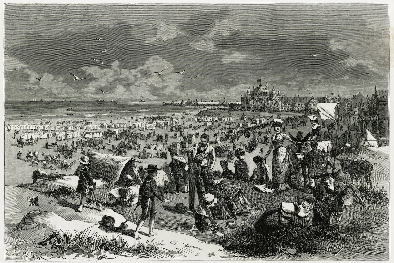 Oostende strand. Gravering av A.Heins, for å illustrere historien ""La Belgique"", av Camille Lemonnier (1844-1913), forfatter og kunstkritiker. Publisert i Tour du monde new journal des voyages av Armand Jean Heins
