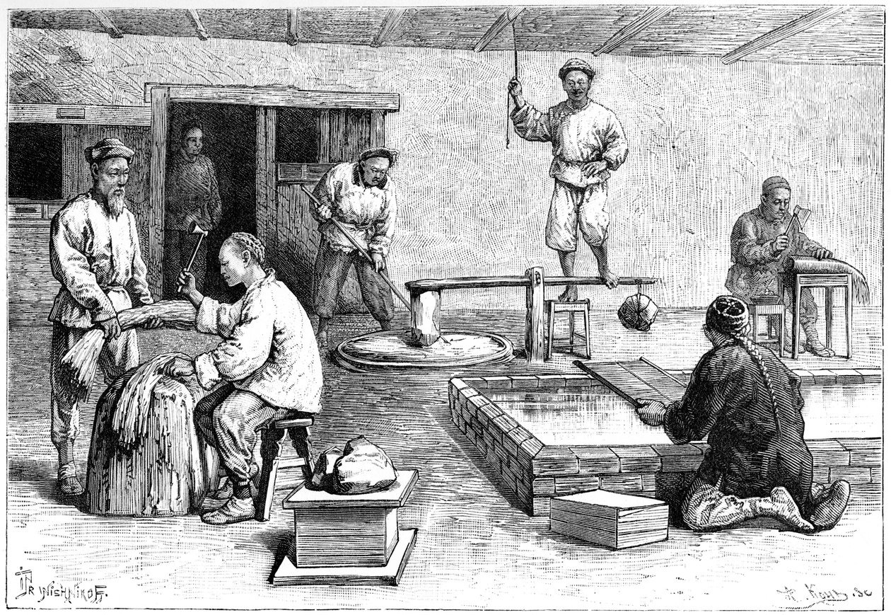 En papirfabrikk, Kina, 1895. av Armand Kohl