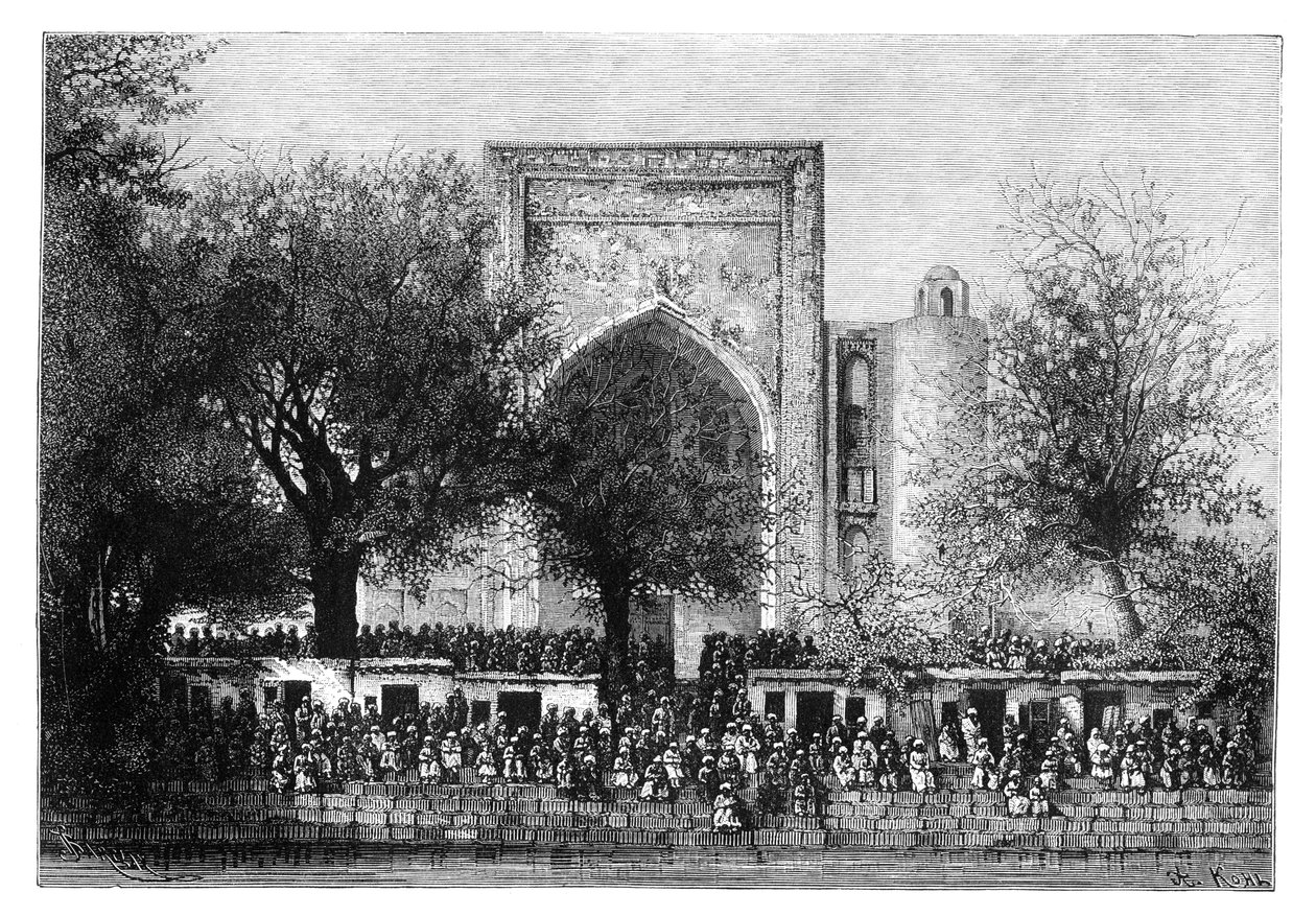 En forsamling foran moskeen i Bukhara, Usbekistan, 1895. av Armand Kohl