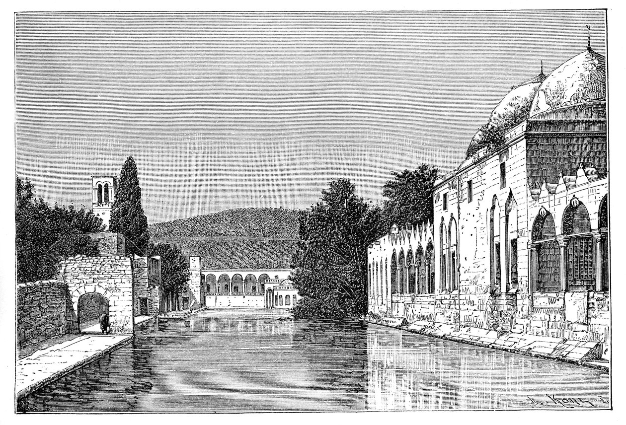 Moskeen og fontenen til Abraham, Ofra ved Tayyibah, Vestbredden, Israel, 1895. av Armand Kohl