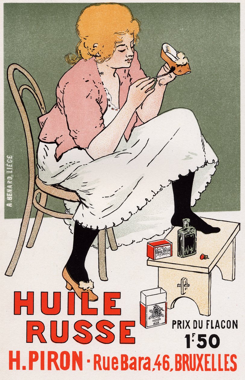 Livsstil. Fashion. Russisk olje, reparasjon av sko. Plakat av Armand Rassenfosse, Belgia, ca. 1895 (plakat) av Armand Rassenfosse