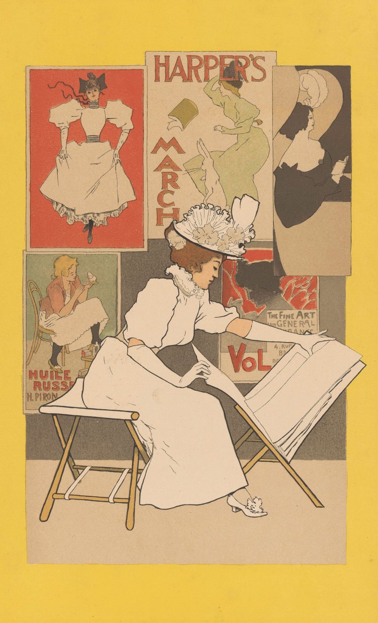 Sittende kvinne på et stativ og ser på trykk, 1897 av Armand Rassenfosse