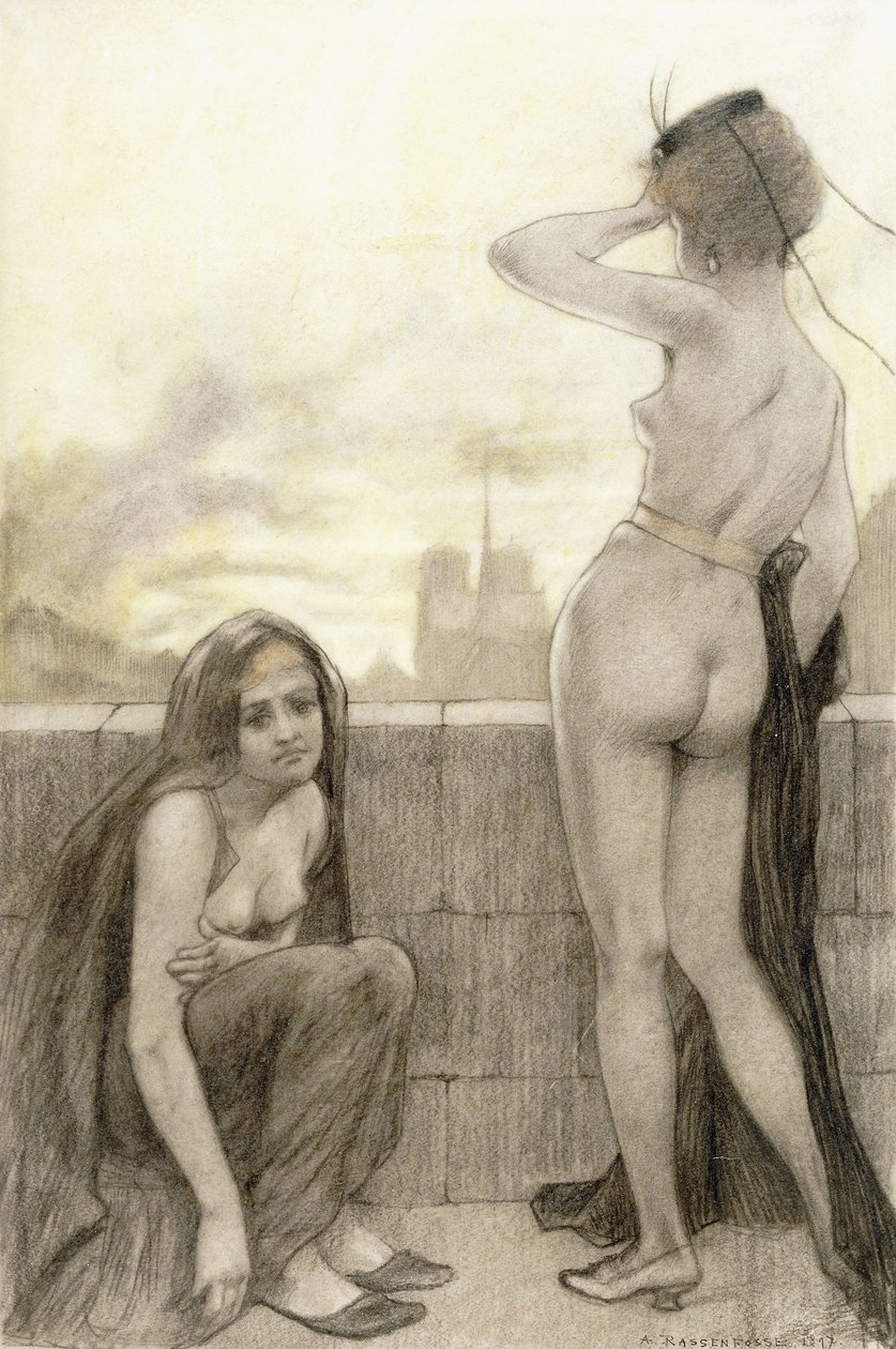 To delvis kledde kvinner ved en mur i en by av Armand Rassenfosse