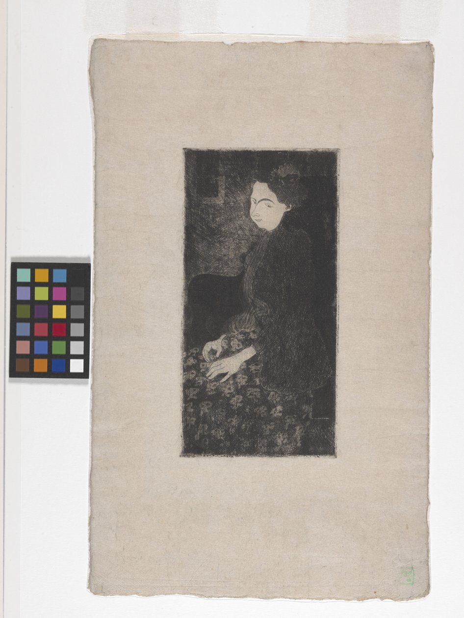 Sittende kvinne med fjærkledd lue (etsing, tørrpunkt og stipling) av Armand Séguin