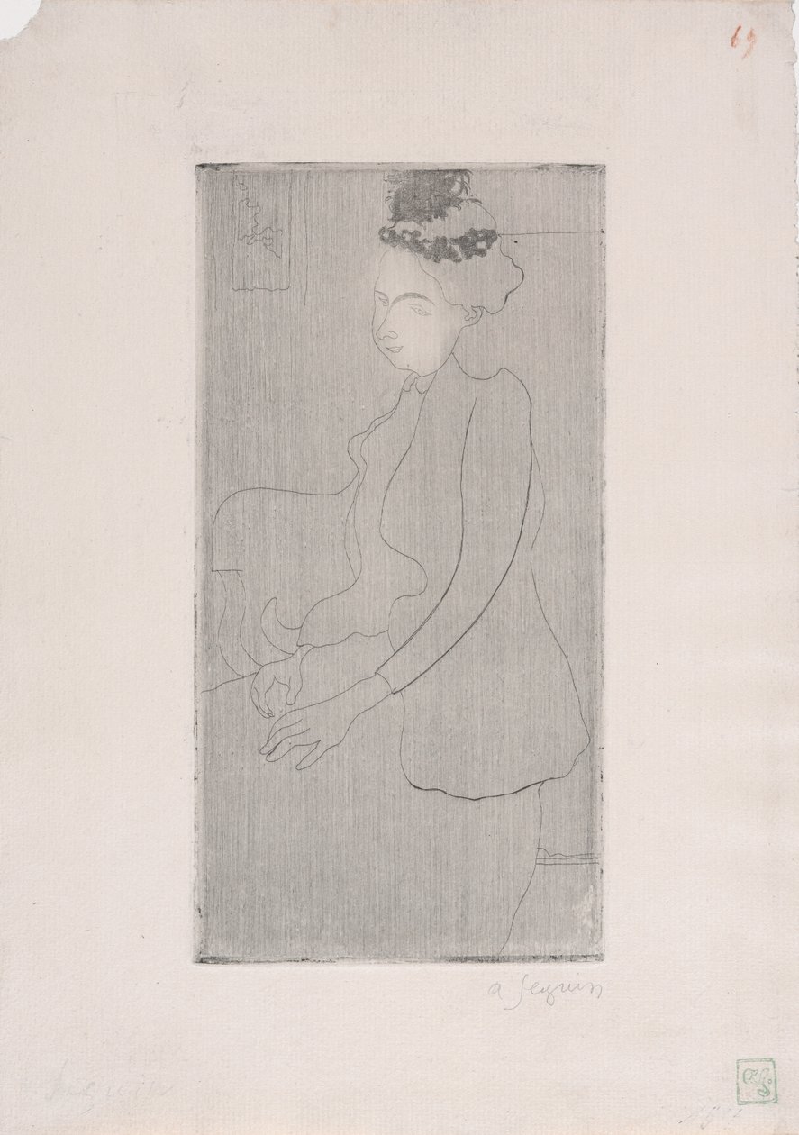 Femme assise avec chapeau a plumes (Sittende kvinne med fjærhatt) ca. 1893 (etsing) av Armand Séguin