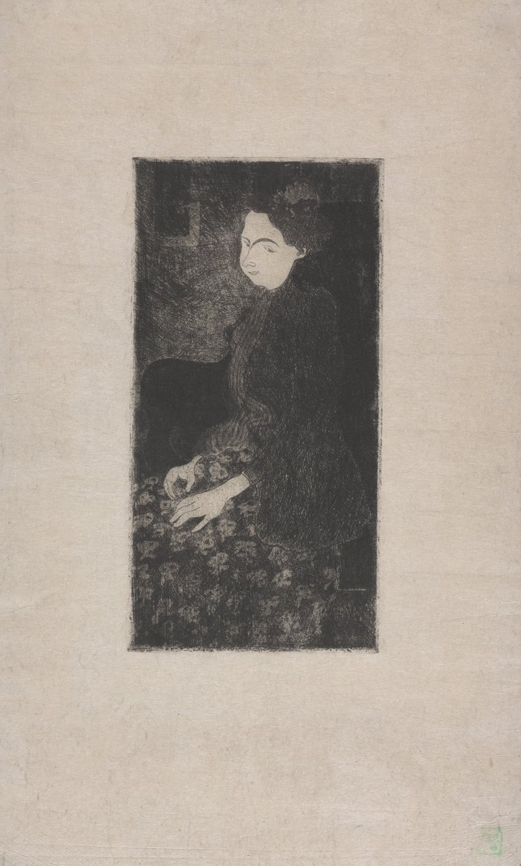 Femme assise avec chapeau a plumes (Sittende kvinne med fjærhatt) ca. 1893 (etsing, tørrnipp og stipple) av Armand Séguin