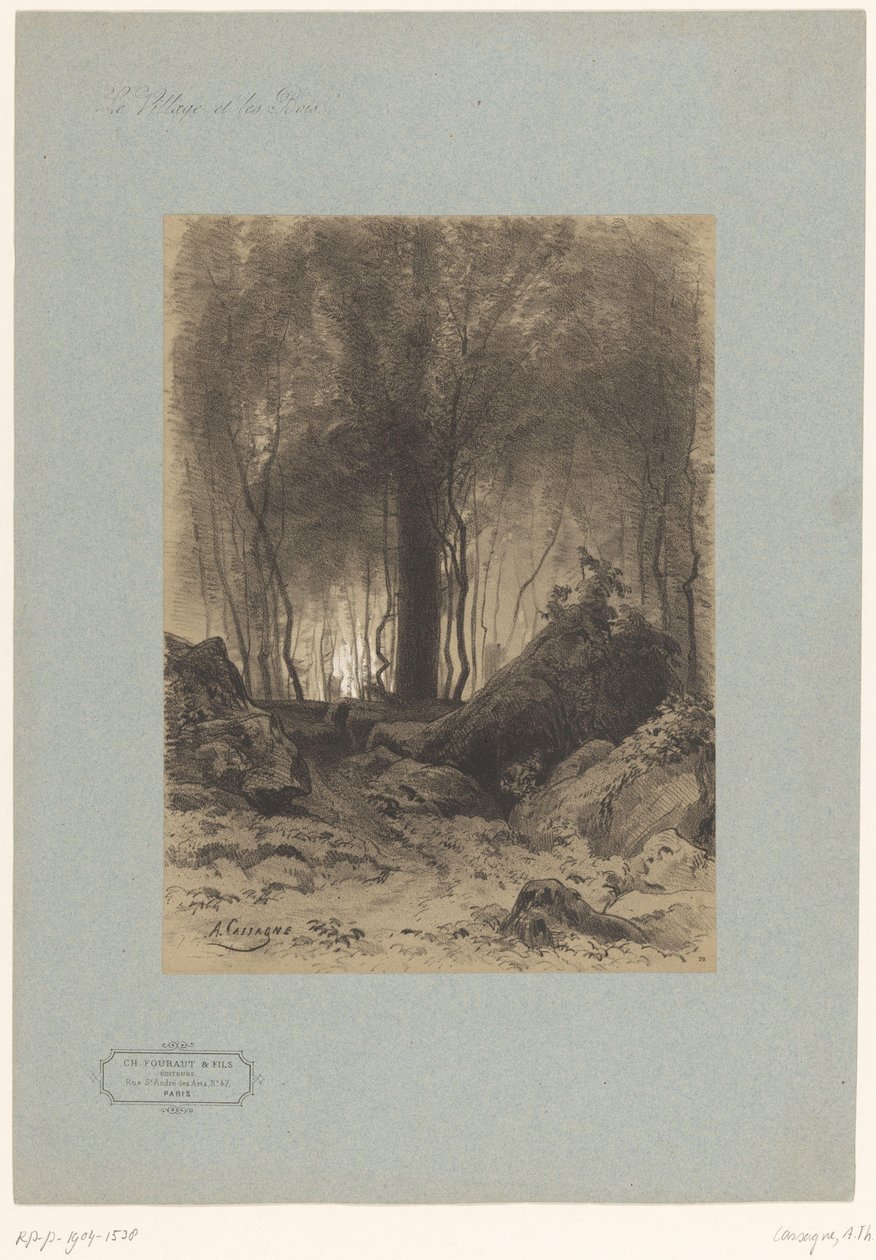 Skogutsikt med steinblokker Landskap med landsbyer og skog (serietittel) Le village et les bois (serietittel på objekt) av Armand Theophile Cassagne