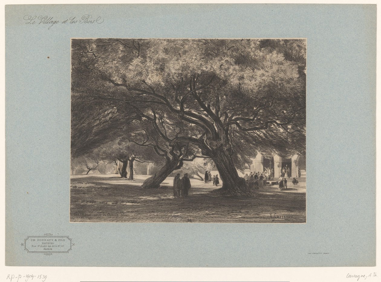 Eiketrær ved kirken Cimiez Les Chênes verts de Cimiés, Nice (tittel på objekt) Landskap med landsbyer og skog (serietittel) Le village et les bois (serietittel på objekt) av Armand Theophile Cassagne