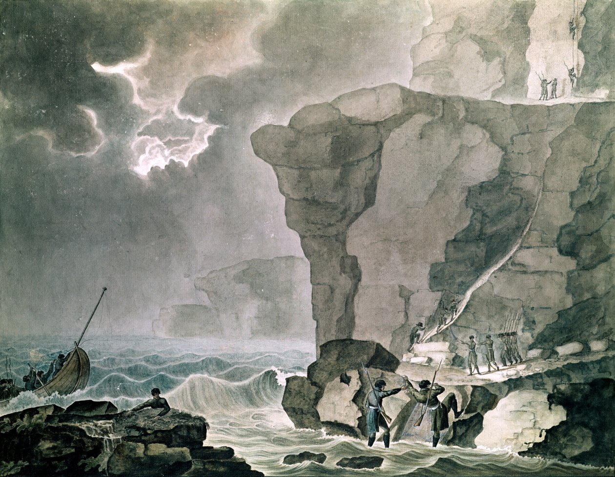 Landing av konspiratørene i Cadoudal-saken ved klippen i Biville nær Dieppe, 16. januar 1804 (wc på papir) av Armand de Polignac