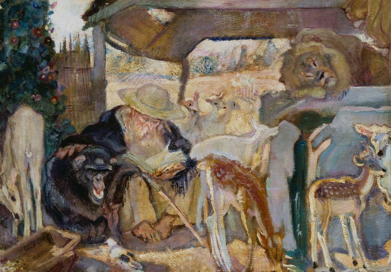 St Anthony blant dyr, av Armando Spadini (1883-1925), olje på bord, 66x96 cm av Armando Spadini