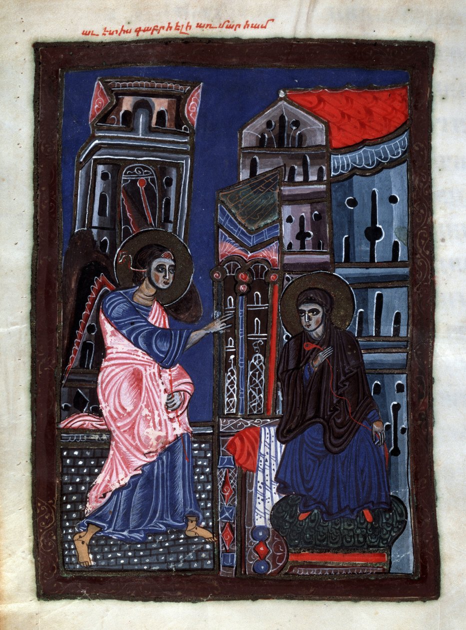 Kunngjøringen. Erkeengel Gabriel besøker jomfru Maria. Belysning av mesteren av Codex Matenadaran (1200-tallet), miniatyr, akvarell på pergament av Armenian School