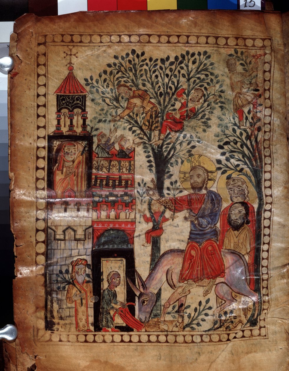 Kristi inntog i Jerusalem (Israel). Belysning av mesteren av Codex Matenadaran (1200-tallet), miniatyr, akvarell på pergament av Armenian School