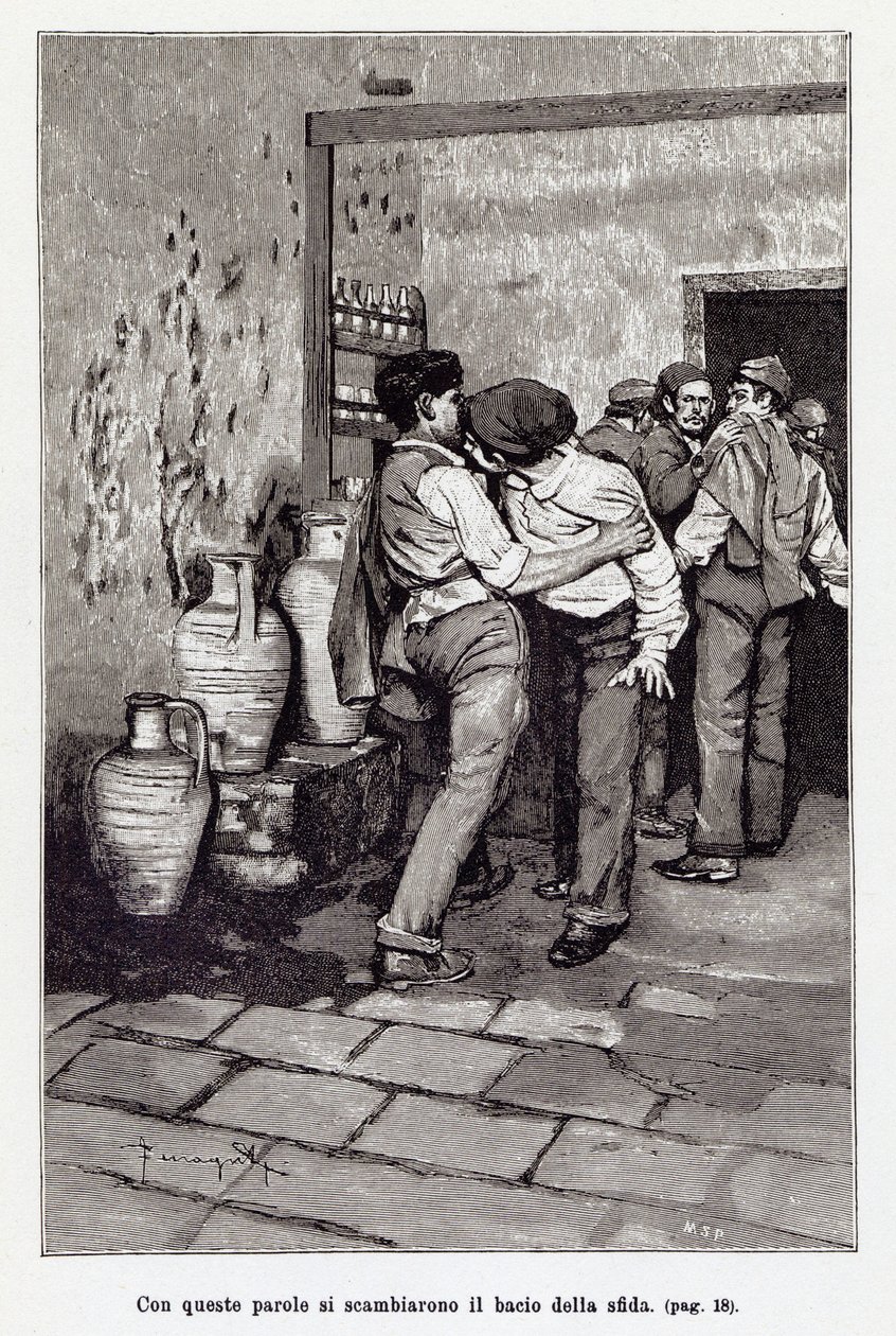 Invitasjon til den sicilianske duellen av det dødelige "kysset", faktisk et bitt i øret. Illustrasjon av Arnaldo Ferraguti for den nye "" Cavalleria Rusticana "" av Giovanni Verga. 1897 av Arnaldo Ferraguti