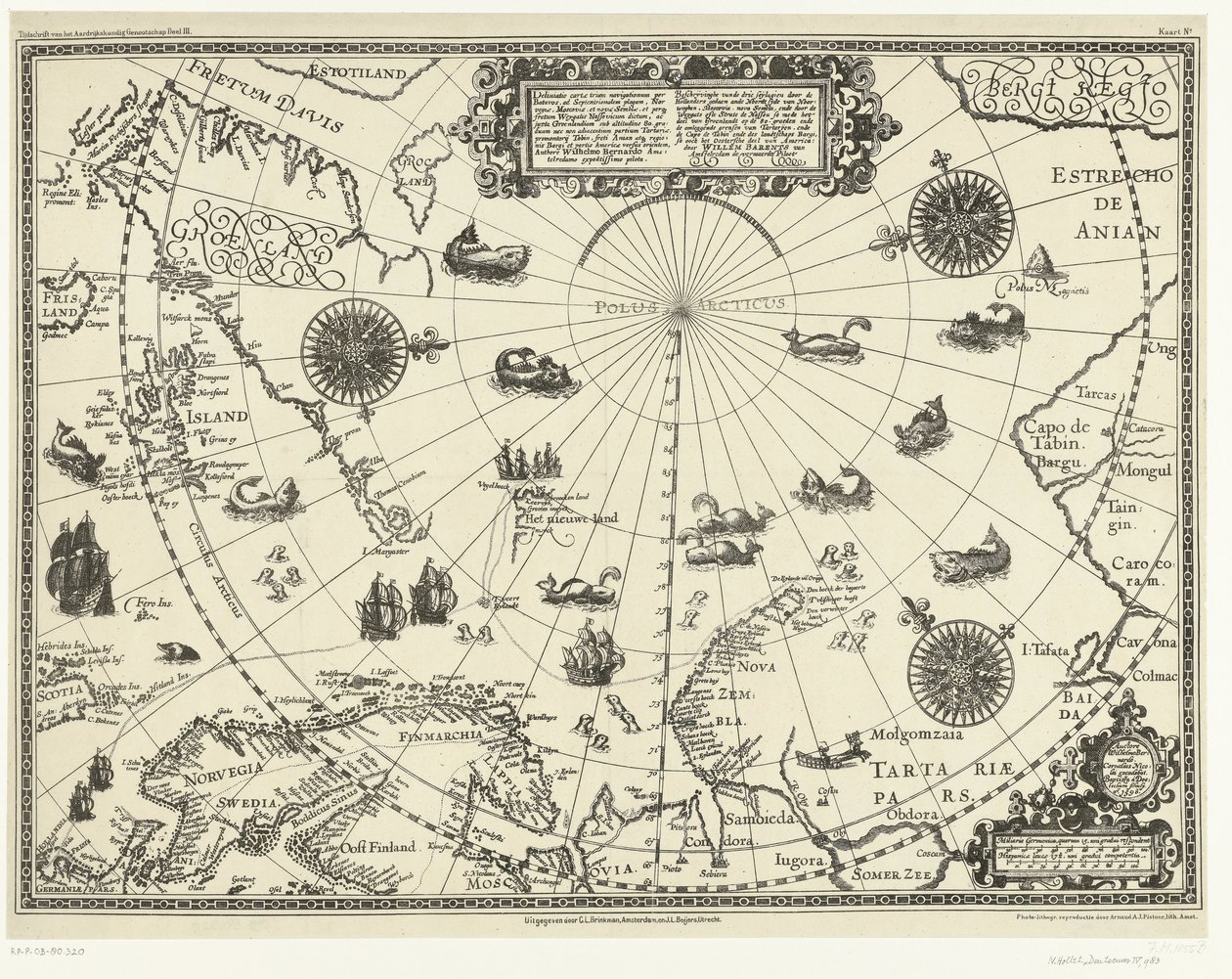 Kart over landene rundt polarsirkelen som viser nederlendernes tre seilaser, 1598 Beskrivelse av de tre seylagiene utført av den nederlandske og Noordt syden van Noorweghen, Moscovia, nova Sembla, og gjennom delen av Groenlandt på 80. grader av Arnaud A.J. Pistoor