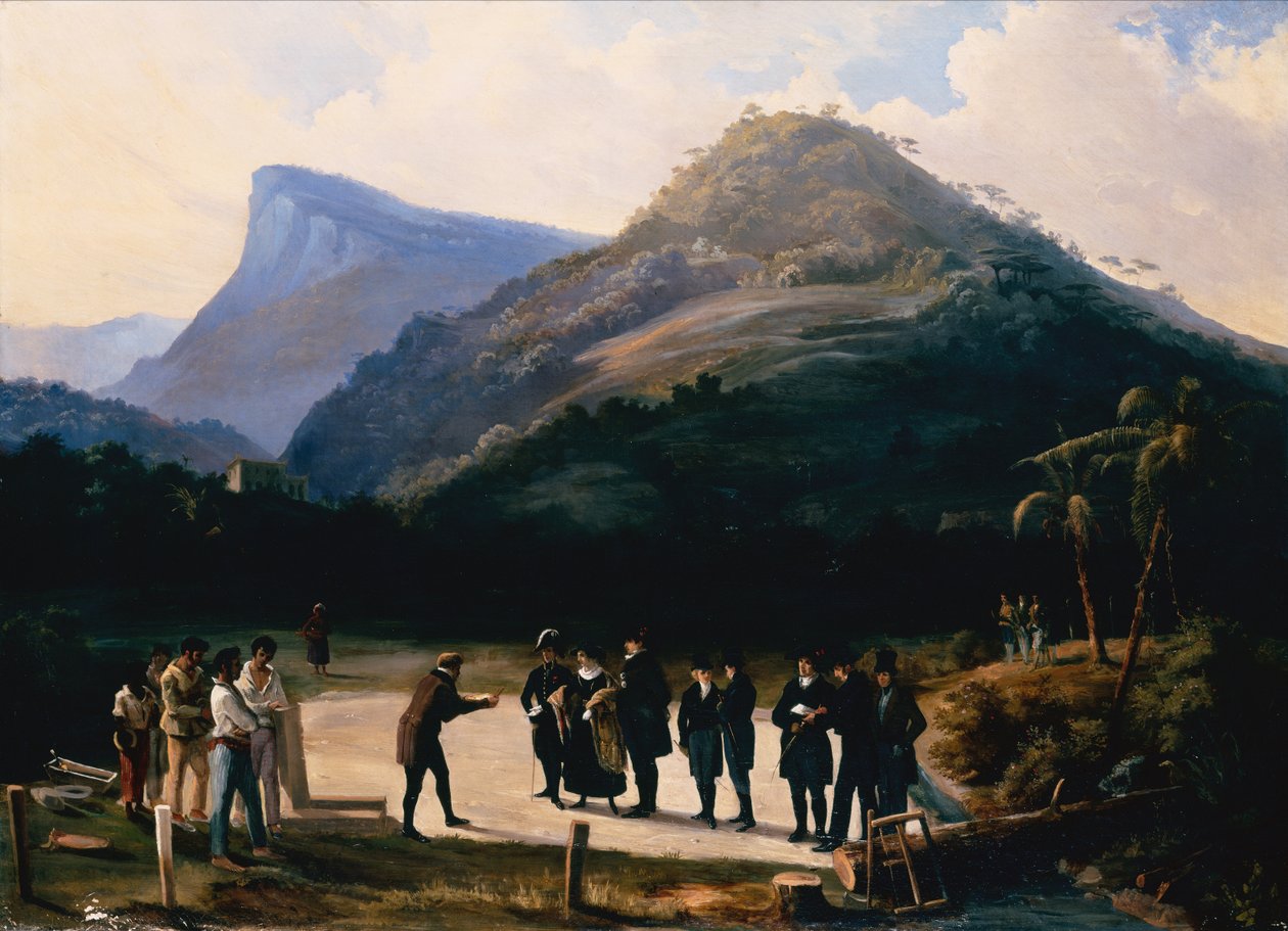 En arkitekt med sine lånetakere forbereder seg på å legge grunnsteinen til en villa under Corcovado-fjellet (olje på lerret) av Arnaud Julien Pallière