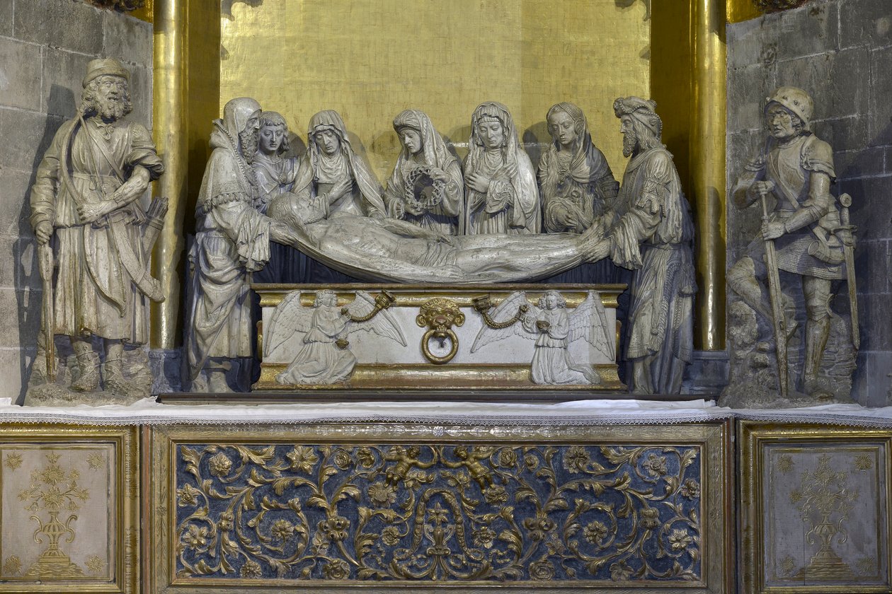 Graven: Kristi likklede holdes av Nicomede og Josef av Arimathia som holder Jesu hode, bak, Saint John støtter jomfru Maria, etterfulgt av tre kvinner, den første bærer kronens krone og den siste er Maria Magdalena - Skulptur (f av Arnaud de (attr.to) Moles