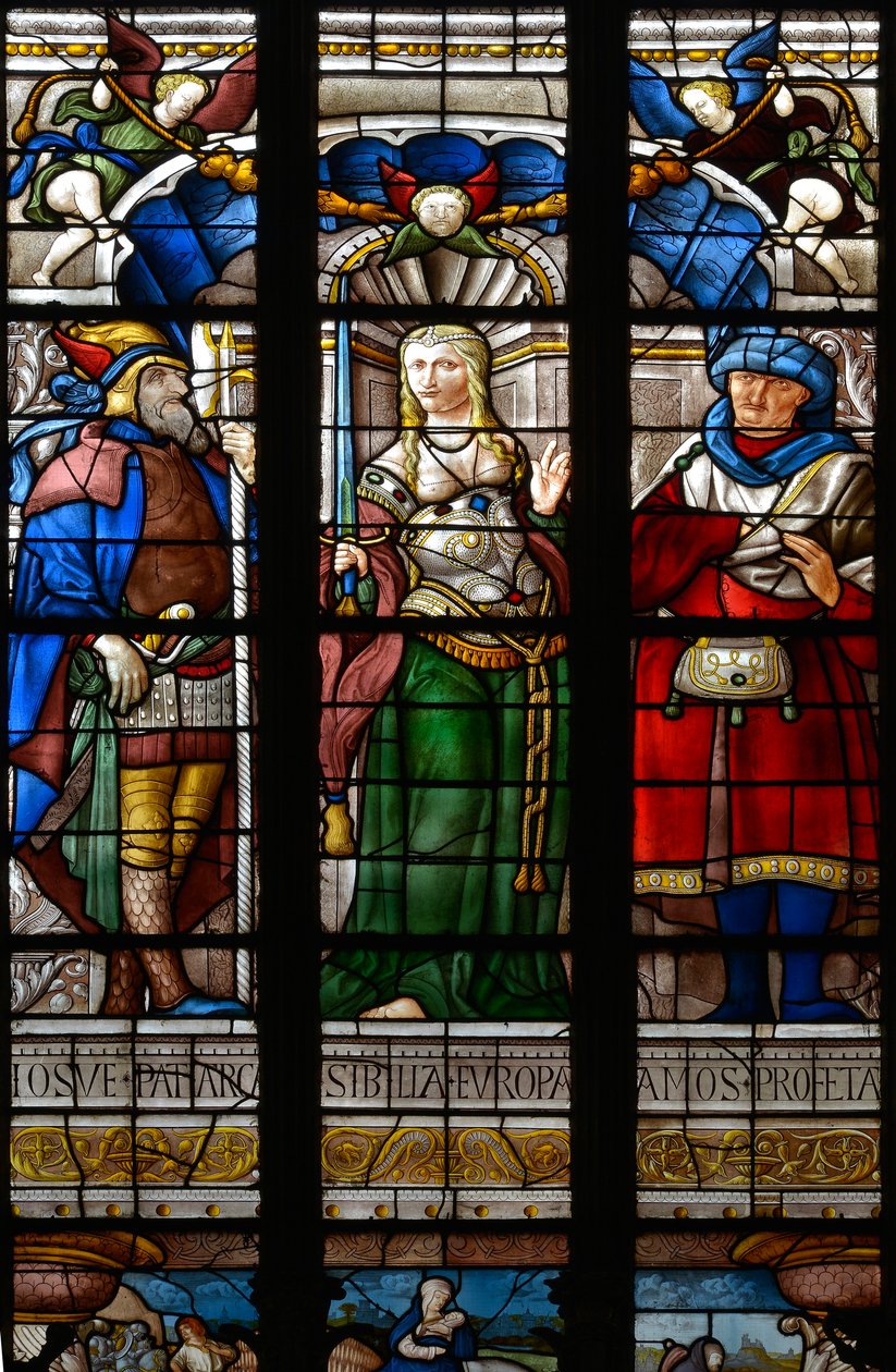 Josue, the Sibyl Europe and Amos - Glassmalerier i kapellet til Saint Catherine, Arnaud de Moles (1470-1520), ferdigstilt i 1513 - Cathedrale Sainte Marie d