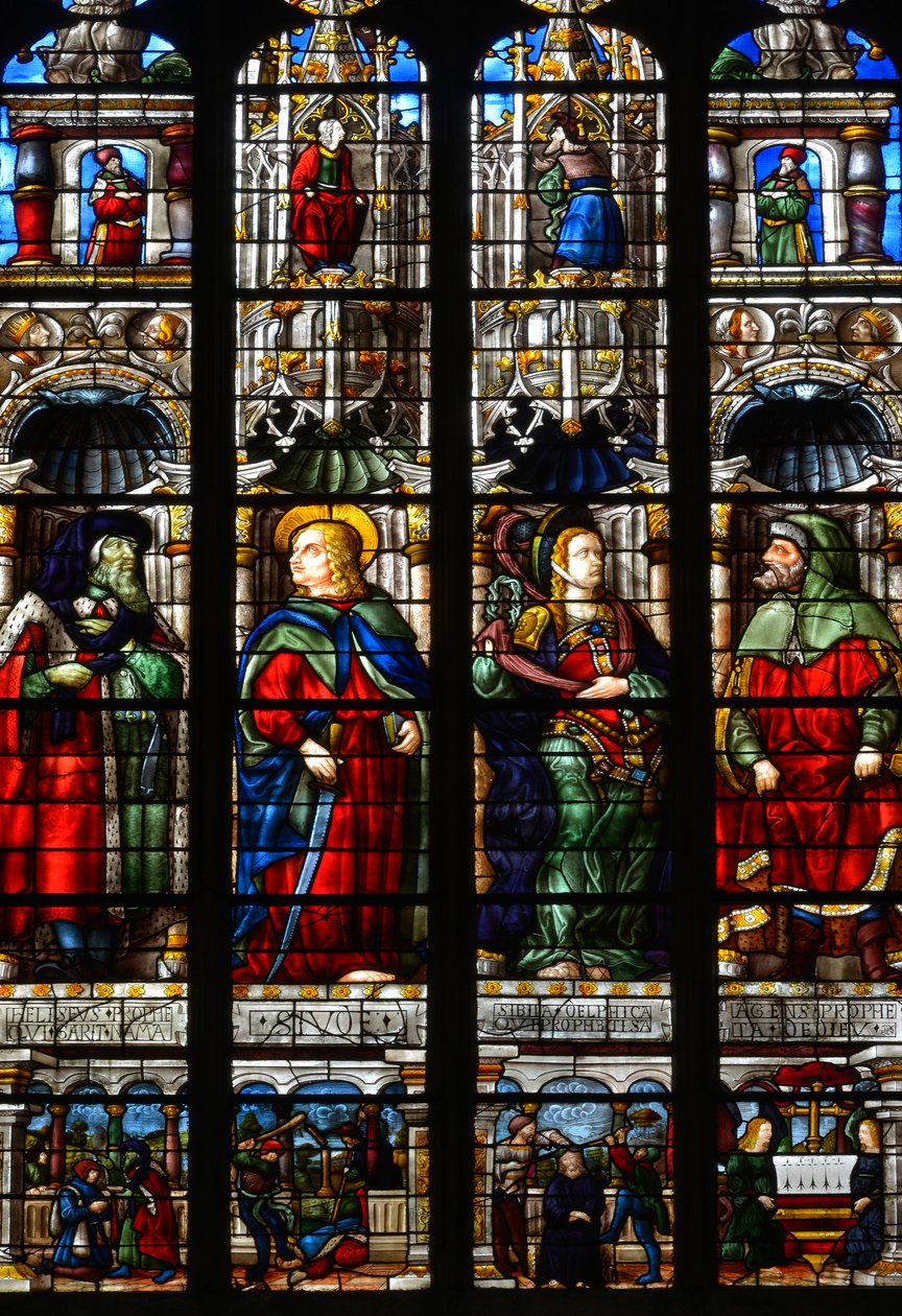 Den hellige Matthias (Mathias), Ezra (eller Ezra), profeten Habakkuk (eller Habakkuk) og Sibylle Tiburtine (eller Albunea av Tibur) - Glassmaleriet av pasjonskapellet til Arnaud de Moles (1470-1520) fullført i 1513 - St. Mary of Auch-katedralen (ger av Arnaud de Moles
