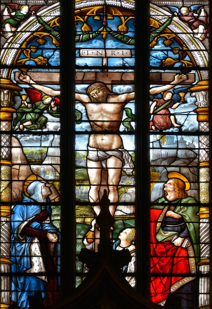 Korsfestelsen, med Jomfru Maria, Johannes og Maria Magdalena ved foten av korset - Glassmalerier i kapellet til Det hellige sakrament, av Arnaud de Moles (1470-1520) fullført i 1513 - Cathedrale Sainte Marie d