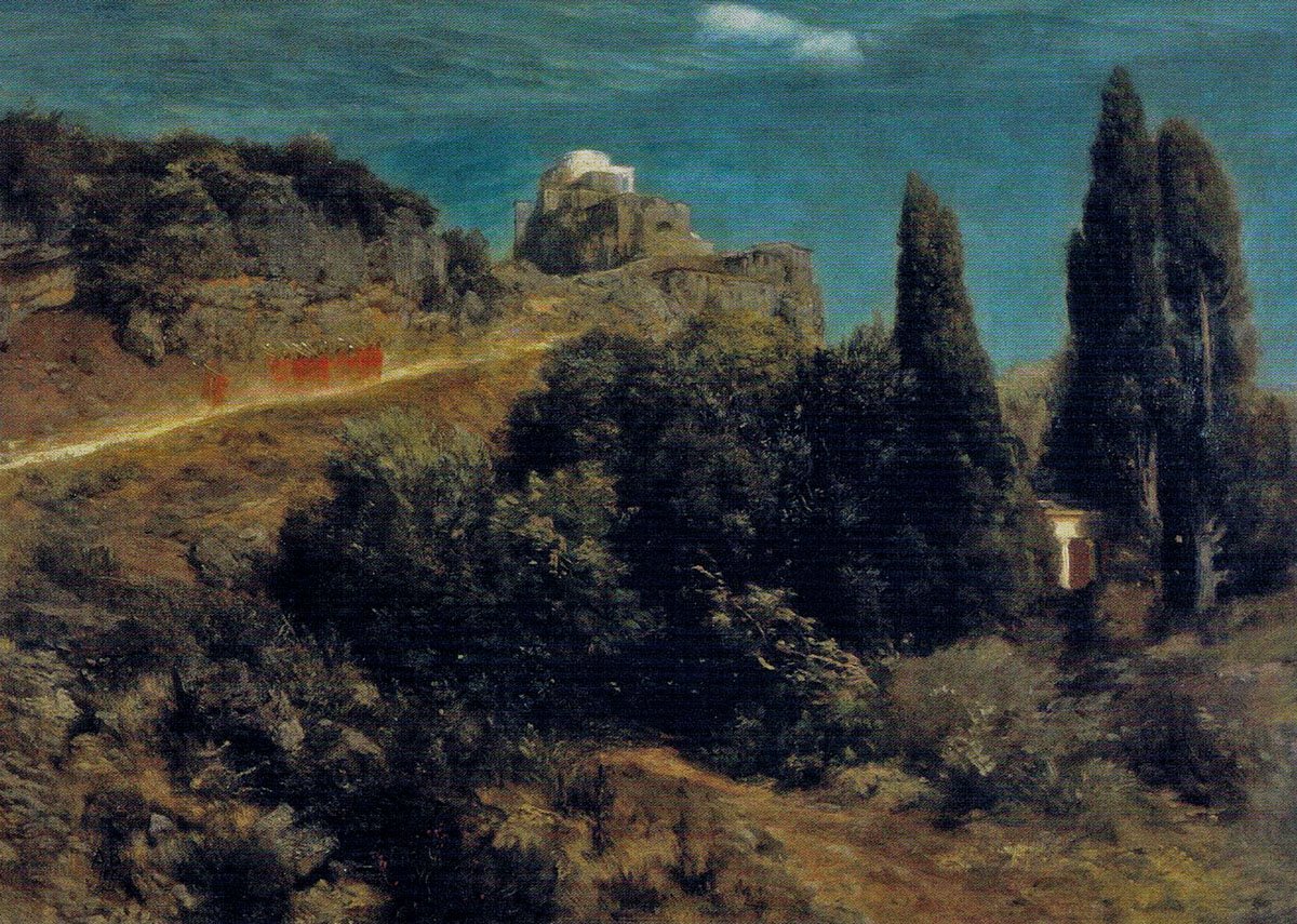 Fjellslott med krigere av Arnold Böcklin