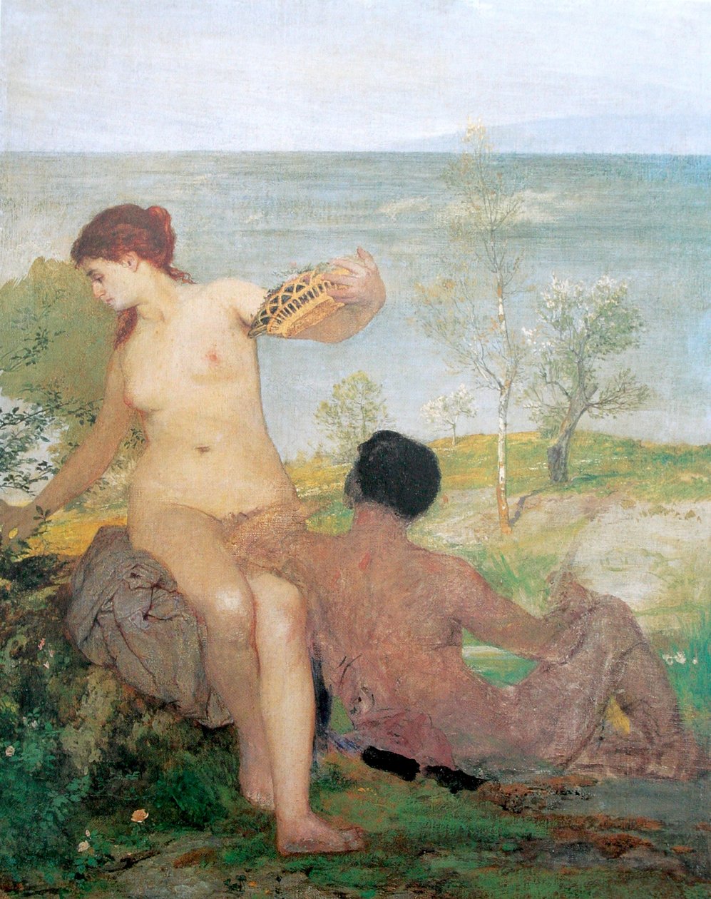 Jente og gutt plukker blomster av Arnold Böcklin