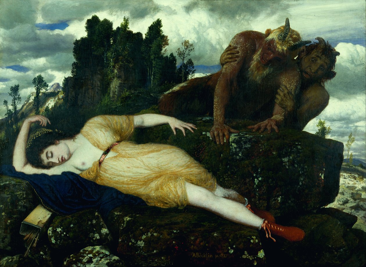 Sleeping Diana Overvåket av to fauner av Arnold Böcklin