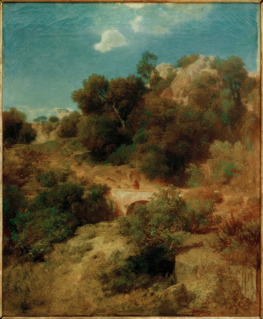 Steinete fjellland med en bro av Arnold Böcklin