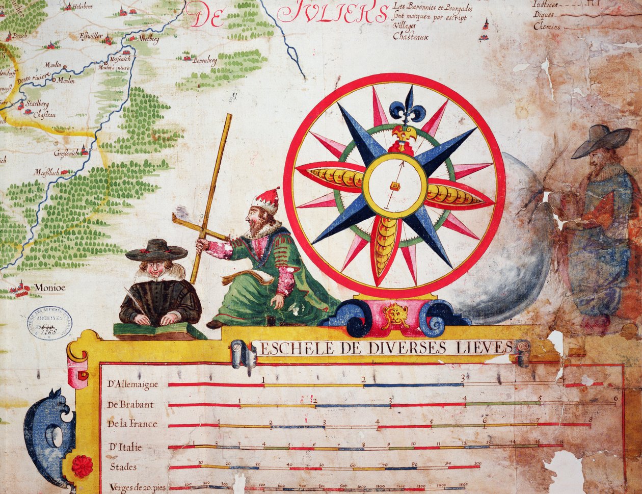 Illustrasjon av de forskjellige målingene av ligaen i Tyskland, Brabant, Frankrike og Italia, fra 'Theatre des guerres entre le roy d'espagne et les Estats de Hollande', kjent som 'Atlas de Rich' av Arnold Florent van Langren