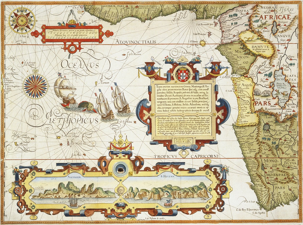Kart over vestafrikansk kystlinje, 1596 (håndfarget gravering) av Arnold Florent van Langren