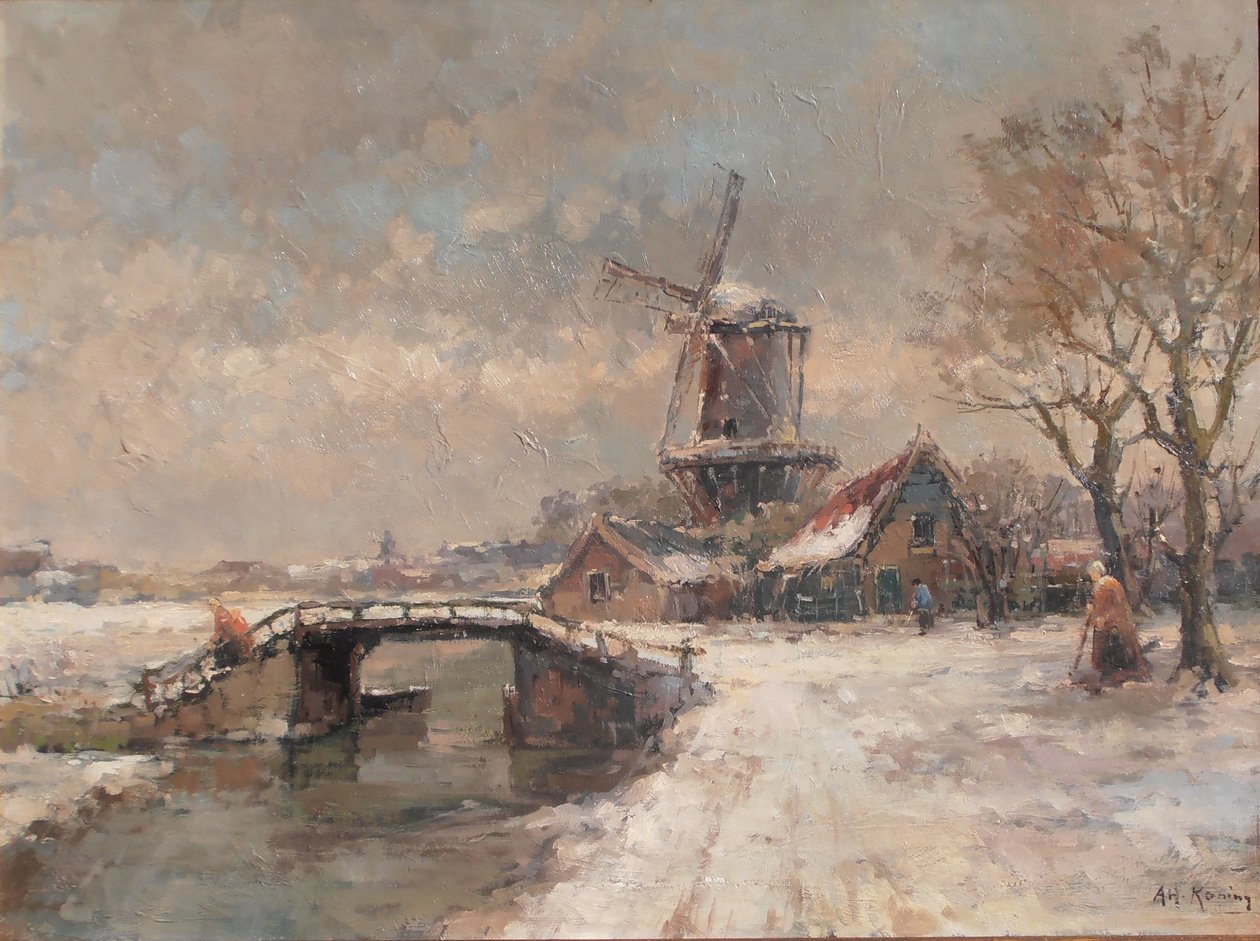 Vinterlandskap med mølle av Arnold Hendrik Koning