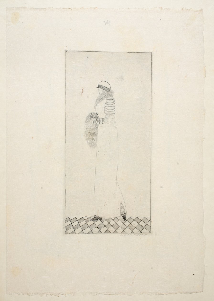 Design for en dagskjole, plate 7, bok 1, illustrasjon fra Wiener Werkstatte Mode 191415, pub. Eduard Kosmack, Wien, 1914-1915 (håndfarget linosnitt) av Arnold Nechansky