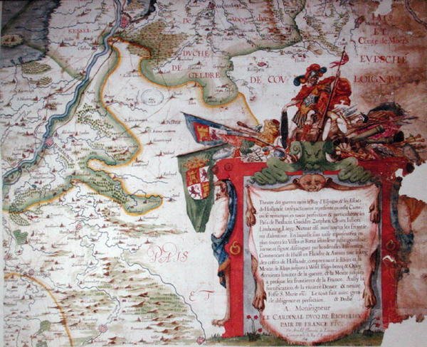 Kartusj med en dedikasjon til kardinal Richelieu (1585-1642), og et kart over de lave landene på tidspunktet for trettiårskrigen (1618-48), fra 