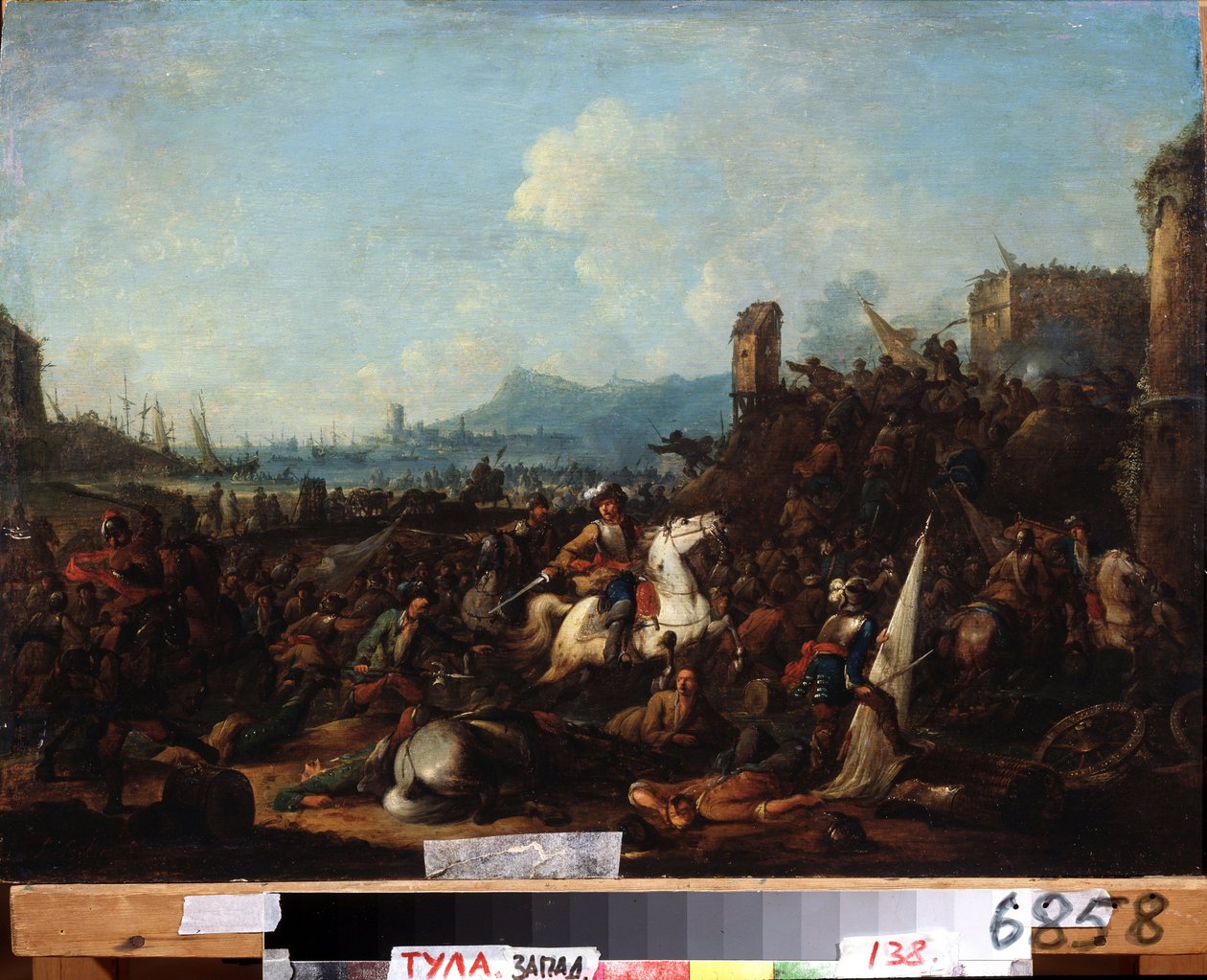 Le siege de la Rochelle, octobre 1628 (The siege of La Rochelle on october 1628). Peinture de Arnold Frans Rubens (1687-1719). Huile sur bois, 39,5 x 57 cm. Art flamand, style baroque. State Art Museum, Tula (ou Tolan).   1324917   no       norwegian Succe av Arnold Frans Rubens