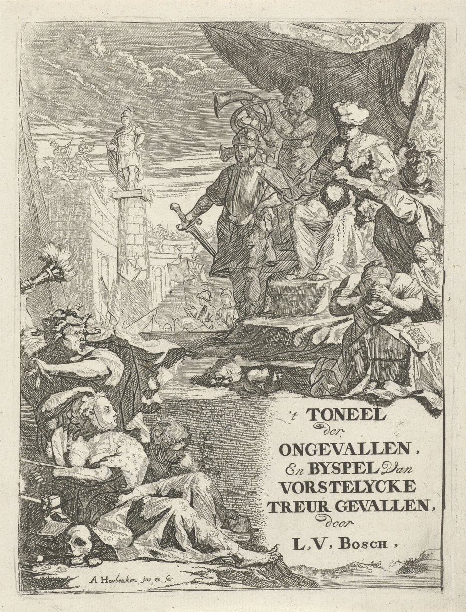 Avhuggede hoder foran en prins på en trone Tittelside for: L. van den Bos, 't Toneel der Accidents, en bijspel van lordlycke mourning, 1699 av Arnold Houbraken