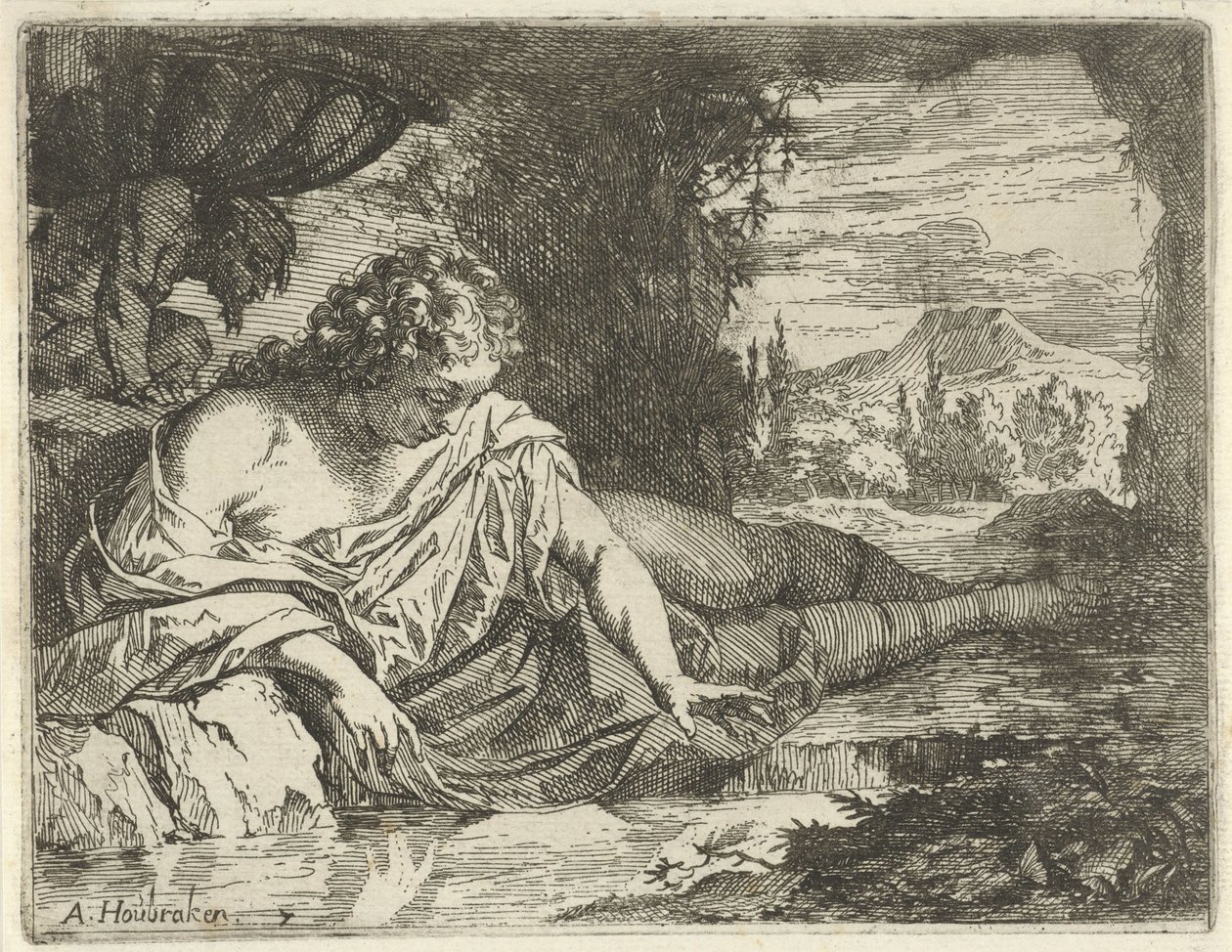 Narcissus Scene av sinnebeelden åpnet for tjeneste for malere skulptører etc. (serietittel) av Arnold Houbraken