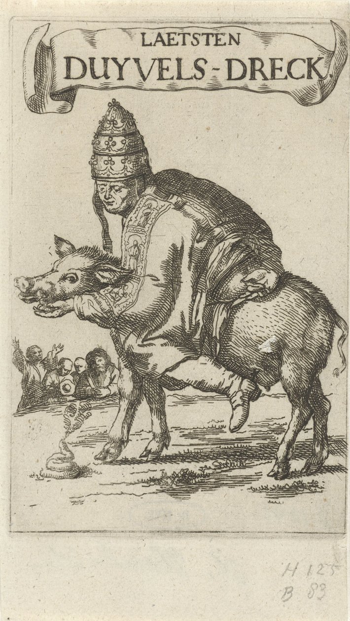 Pause på en gris Tittelblad for: J. Lydius, Laetsten duyvels-dreck, 1687 av Arnold Houbraken