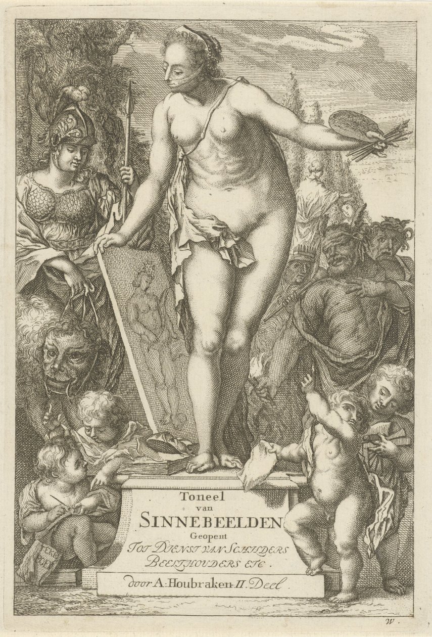 Personifisering av maleri på en pidestall Titteltrykk av: Toneel van sinnebeelden, andre del Scene med syndestatuer åpnet til tjeneste for malere, bildeholdere etc. (serietittel på objekt) av Arnold Houbraken