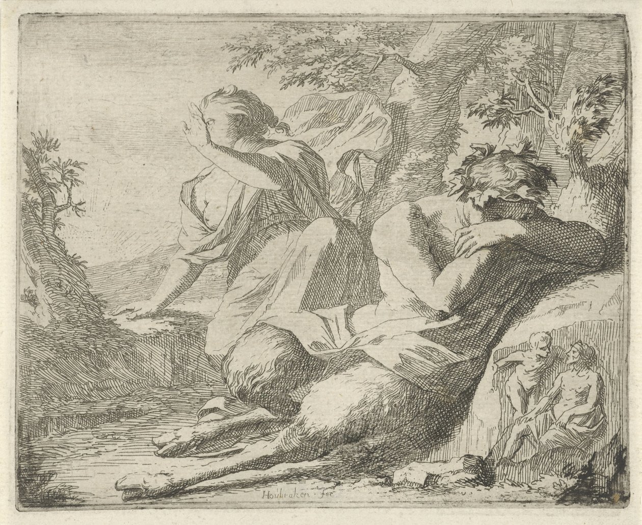 Satyr og kvinneskikkelse dekker øynene mot sollys Scene av sinnebeelden åpnet til tjeneste for malere skulptører etc. (serietittel) av Arnold Houbraken
