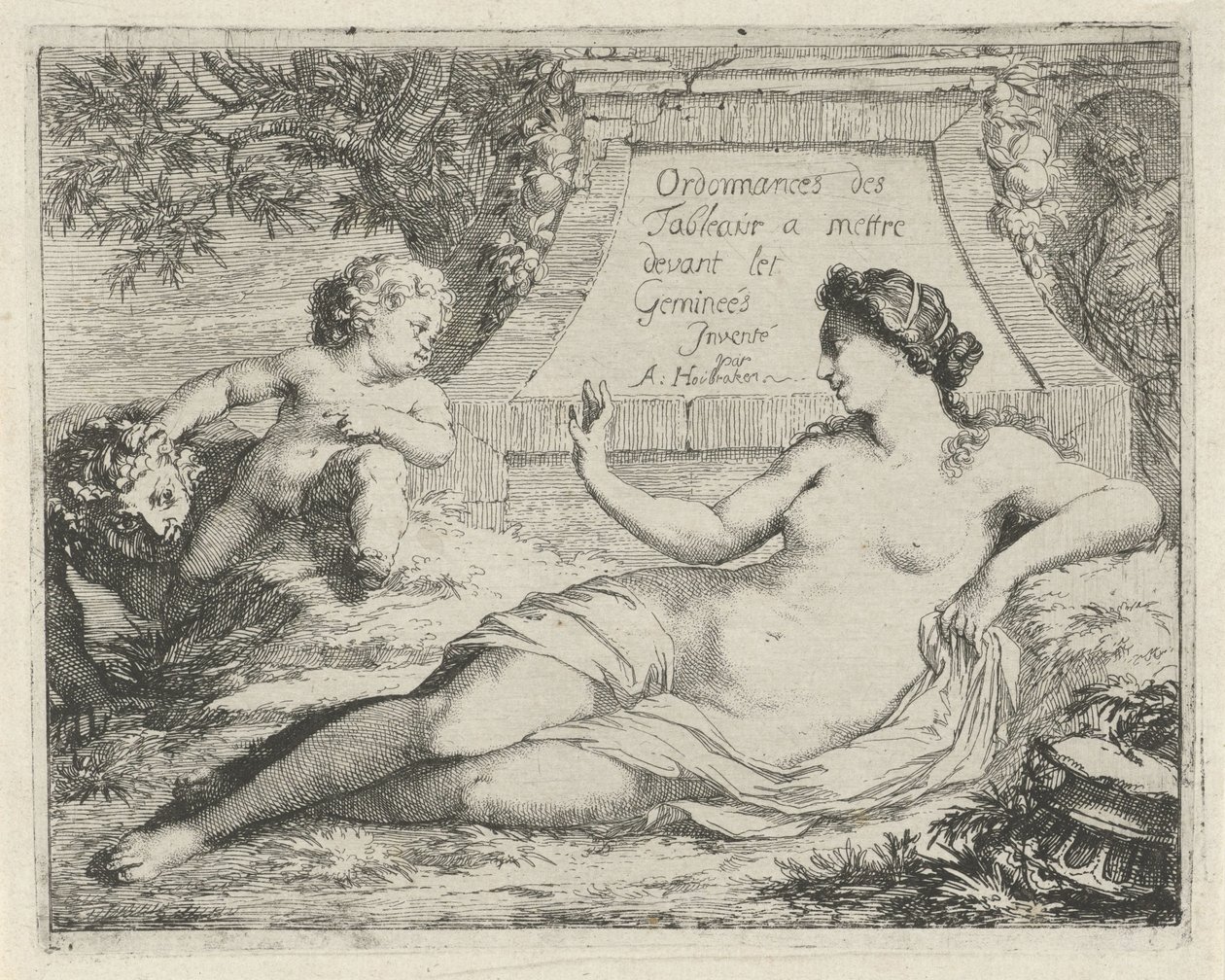 Venus spionert av en satyr Ordonnances des tableaux a mettre devant les Gemineés (tittel på objekt) Scene med syndestatuer åpnet til tjeneste for malere, statueholdere osv. (serietittel) av Arnold Houbraken